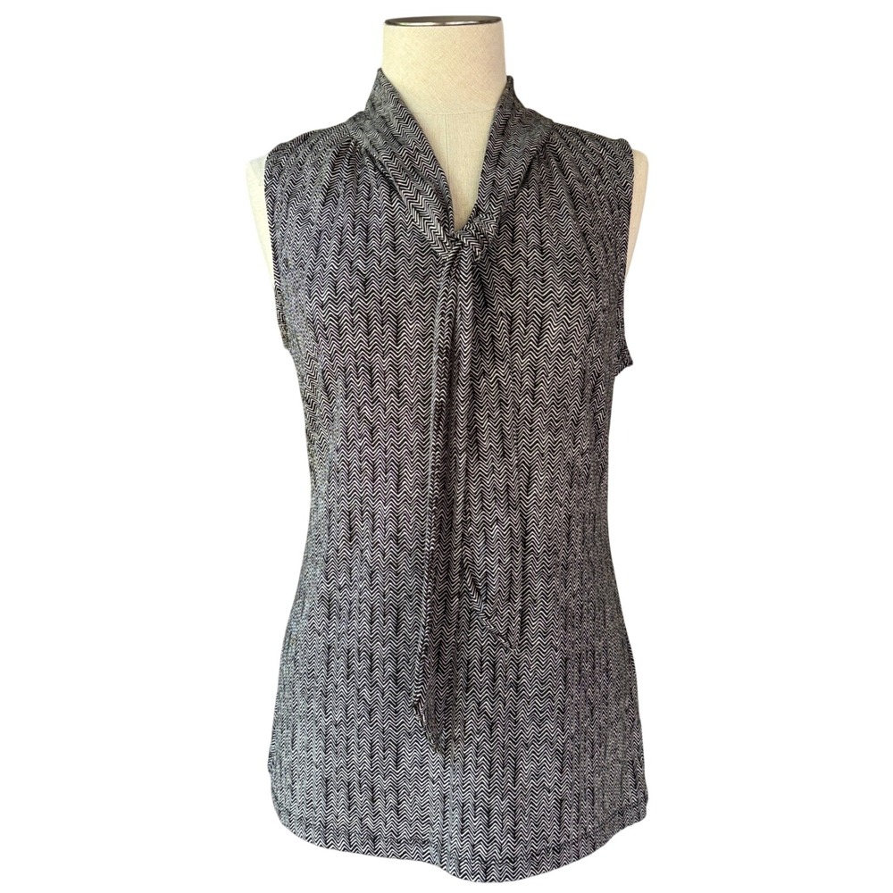 Banana Republic Blouse Women S Black White Chevron Tie Neck Sleeveless Geometric